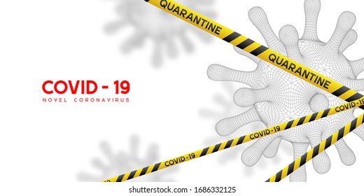 Warning coronavirus quarantine banner with yellow and black stripes and virus cells. Quarantine biohazard sign. Vector.