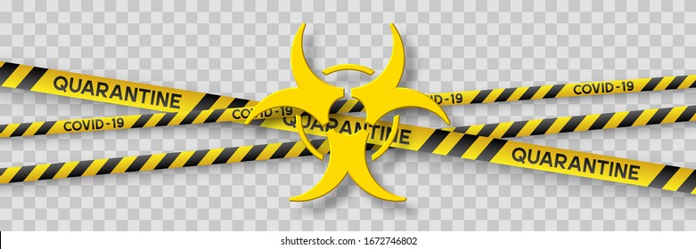 Warning coronavirus quarantine sign with yellow and black stripes and 3d infection symbol. Virus Covid-19. Isolated on transparent background. Quarantine biohazard sign. Vector.