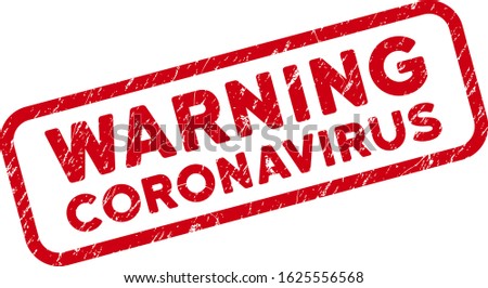 Warning Coronavirus rectangular framed seal. Red vector rectangular scratched stamp with Warning Coronavirus text inside rounded rectangular frame.
