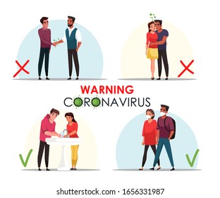 Warning coronaviruse isolated scene set. Right and wrong human behavior. Infection and preventive protection method. Ill man woman kiss, handshake. Healthy people wash hand, dressed in protective mask