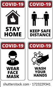 Warning of Covid-19 icons. Keep Safe Distance, Wash your Hands and Use Face Mask Danger Sign Vector Set