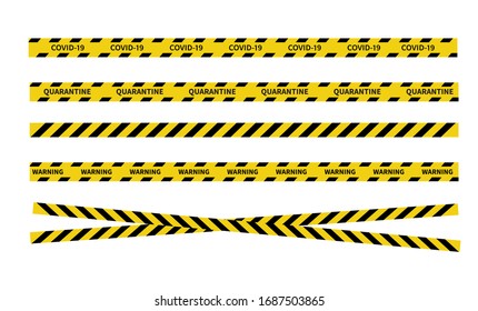 Warning Covid-19 quarantine tapes. Black and yellow line striped. Vector illustration