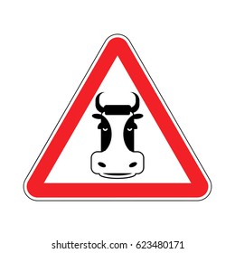 Warning Cow. beef on red triangle. Road sign attention to farm animal