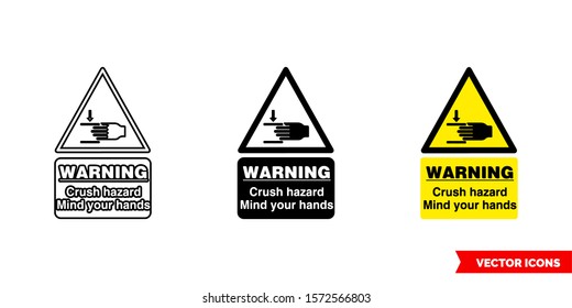 Warning crush hazard mind your hands hazard sign icon of 3 types: color, black and white, outline. Isolated vector sign symbol.