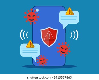 Warning of cyber security threats. Smartphone with virus, shield icon and warning bubble 