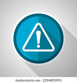 Advertencia, peligro, símbolo de precaución, icono azul vectorial de diseño plano con sombra larga