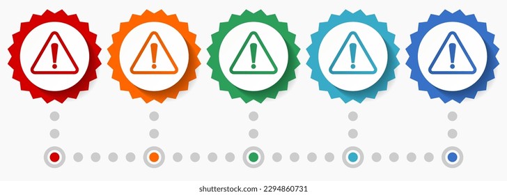 Warning, danger, caution vector icon set, colorful infographic template, set of flat design badge icons in 5 color options