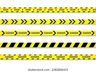 Aviso y peligro cruzó las cintas aisladas. Líneas policiales y delictivas. Cinta de precaución. Cinta de barrera sin problemas. Ilustración del vector