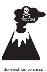 
Warning of danger due to toxic gas emitted by an erupting volcano. Skull with toxic gas sign over erupting volcano. La Palma, Cumbre Vieja volcano emitting toxic gases
