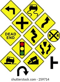 Warning / Danger Road Signs In Vector Form (left Turn; Slippery; Dead End; Intersection; Curvy Road; Light Ahead; Truck; Car; Etc)