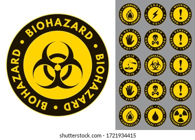 Warning and Danger. Round Icons. Set of Road and Safety Signs. Vector Isolated Labels