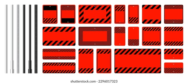 Warning, danger signs, attention banners with metal poles. Blank red caution sign, construction site signage. Notice signboard, warning banner, road shield. Vector illustration