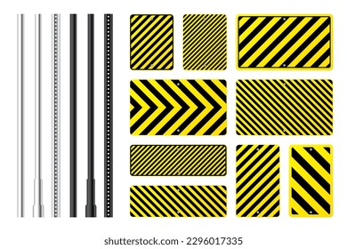 Warning, danger signs, attention banners with metal poles. Yellow caution sign, construction site signage. Notice signboard, warning banner, road shield. Vector illustration