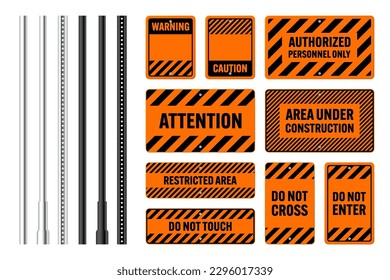 Warning, danger signs, attention banners with metal poles. Orange caution sign, construction site signage. Notice signboard, warning banner, road shield. Vector illustration