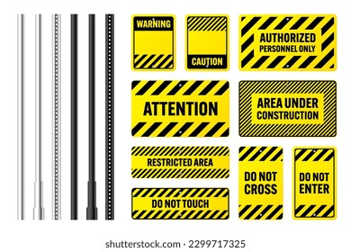 Warning, danger signs, attention banners with metal poles. Yellow caution sign, construction site signage. Notice signboard, warning banner, road shield. Vector illustration