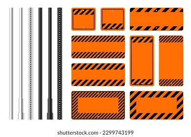 Warning, danger signs, attention banners with metal poles. Blank orange caution sign, construction site signage. Notice signboard, warning banner, road shield. Vector illustration