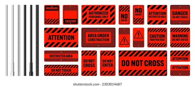 Warning, danger signs, attention banners with metal poles. Red caution sign, construction site signage. Notice signboard, warning banner, road shield. Vector illustration