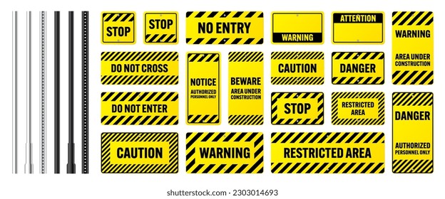 Warning, danger signs, attention banners with metal poles. Yellow caution sign, construction site signage. Notice signboard, warning banner, road shield. Vector illustration