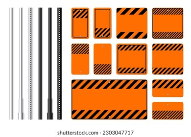 Warning, danger signs, attention banners with metal poles. Blank orange caution sign, construction site signage. Notice signboard, warning banner, road shield. Vector illustration