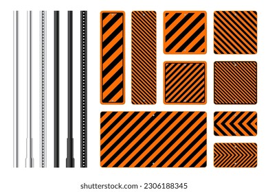 Warning, danger signs, attention banners with metal poles. Orange caution sign, construction site signage. Notice signboard, warning banner, road shield. Vector illustration