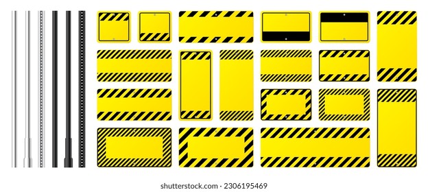 Warning, danger signs, attention banners with metal poles. Blank yellow caution sign, construction site signage. Notice signboard, warning banner, road shield. Vector illustration