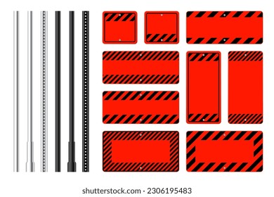 Warning, danger signs, attention banners with metal poles. Blank red caution sign, construction site signage. Notice signboard, warning banner, road shield. Vector illustration