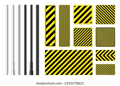 Warning, danger signs, attention banners with metal poles. Yellow caution sign, construction site signage. Notice signboard, warning banner, road shield. Vector illustration