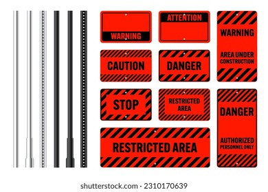 Warning, danger signs, attention banners with metal poles. Red caution sign, construction site signage. Notice signboard, warning banner, road shield. Vector illustration