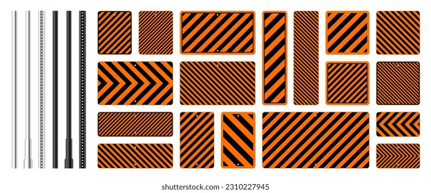 Warning, danger signs, attention banners with metal poles. Orange caution sign, construction site signage. Notice signboard, warning banner, road shield. Vector illustration