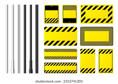 Warning, danger signs, attention banners with metal poles. Blank yellow caution sign, construction site signage. Notice signboard, warning banner, road shield. Vector illustration