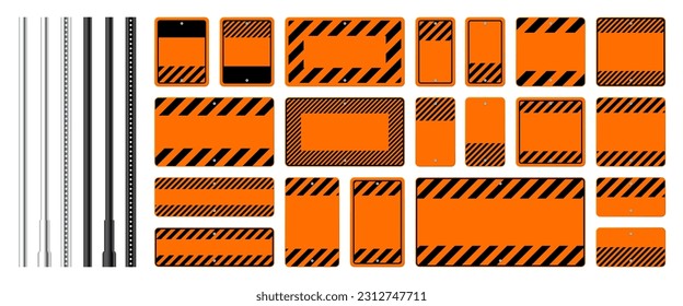Warning, danger signs, attention banners with metal poles. Blank orange caution sign, construction site signage. Notice signboard, warning banner, road shield. Vector illustration