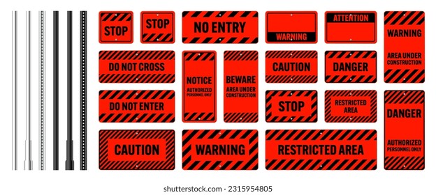 Warning, danger signs, attention banners with metal poles. Red caution sign, construction site signage. Notice signboard, warning banner, road shield. Vector illustration