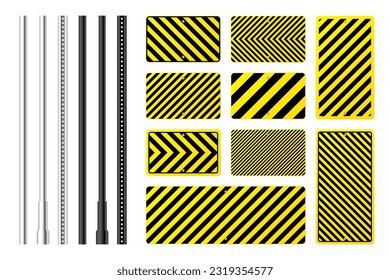 Warning, danger signs, attention banners with metal poles. Yellow caution sign, construction site signage. Notice signboard, warning banner, road shield. Vector illustration