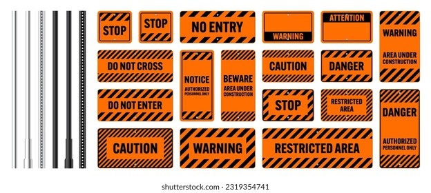 Warning, danger signs, attention banners with metal poles. Orange caution sign, construction site signage. Notice signboard, warning banner, road shield. Vector illustration