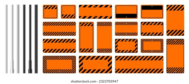 Warning, danger signs, attention banners with metal poles. Blank orange caution sign, construction site signage. Notice signboard, warning banner, road shield. Vector illustration