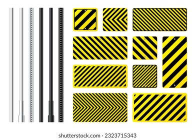 Warning, danger signs, attention banners with metal poles. Yellow caution sign, construction site signage. Notice signboard, warning banner, road shield. Vector illustration