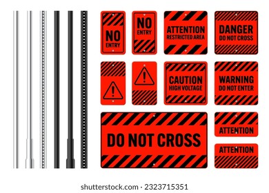 Warning, danger signs, attention banners with metal poles. Red caution sign, construction site signage. Notice signboard, warning banner, road shield. Vector illustration