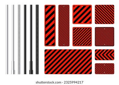 Warning, danger signs, attention banners with metal poles. Red caution sign, construction site signage. Notice signboard, warning banner, road shield. Vector illustration