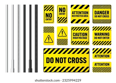 Warning, danger signs, attention banners with metal poles. Yellow caution sign, construction site signage. Notice signboard, warning banner, road shield. Vector illustration