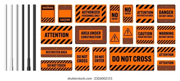 Warning, danger signs, attention banners with metal poles. Orange caution sign, construction site signage. Notice signboard, warning banner, road shield. Vector illustration