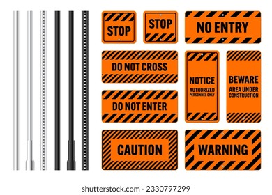 Warning, danger signs, attention banners with metal poles. Orange caution sign, construction site signage. Notice signboard, warning banner, road shield. Vector illustration