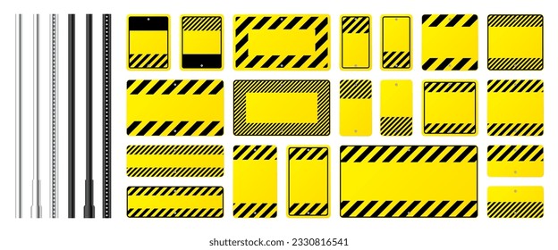 Warning, danger signs, attention banners with metal poles. Blank yellow caution sign, construction site signage. Notice signboard, warning banner, road shield. Vector illustration