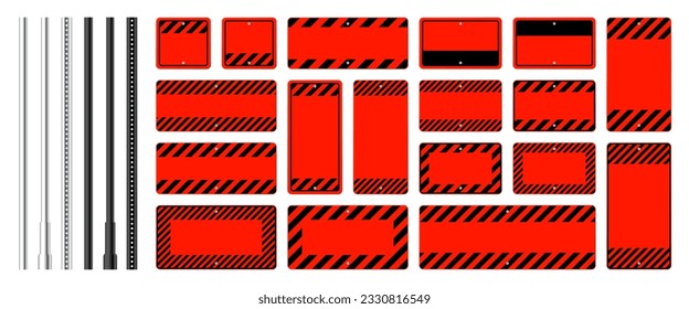 Warning, danger signs, attention banners with metal poles. Blank red caution sign, construction site signage. Notice signboard, warning banner, road shield. Vector illustration