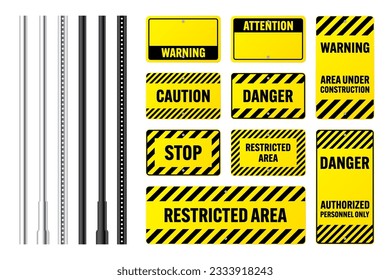 Warning, danger signs, attention banners with metal poles. Yellow caution sign, construction site signage. Notice signboard, warning banner, road shield. Vector illustration