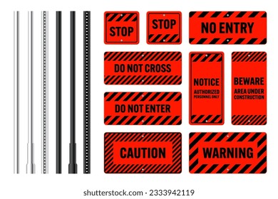 Warning, danger signs, attention banners with metal poles. Red caution sign, construction site signage. Notice signboard, warning banner, road shield. Vector illustration