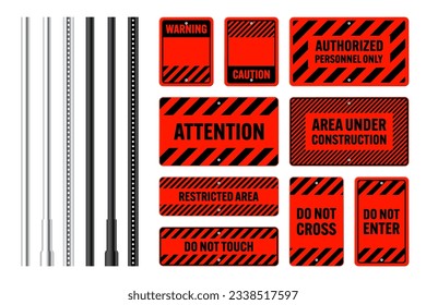 Warning, danger signs, attention banners with metal poles. Red caution sign, construction site signage. Notice signboard, warning banner, road shield. Vector illustration