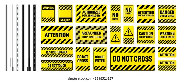 Warning, danger signs, attention banners with metal poles. Yellow caution sign, construction site signage. Notice signboard, warning banner, road shield. Vector illustration