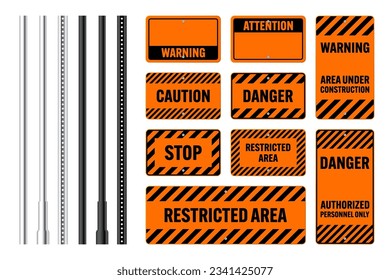 Warning, danger signs, attention banners with metal poles. Orange caution sign, construction site signage. Notice signboard, warning banner, road shield. Vector illustration