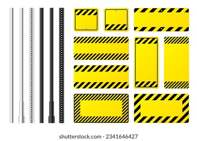 Warning, danger signs, attention banners with metal poles. Blank yellow caution sign, construction site signage. Notice signboard, warning banner, road shield. Vector illustration