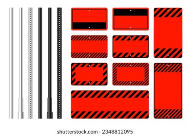 Warning, danger signs, attention banners with metal poles. Blank red caution sign, construction site signage. Notice signboard, warning banner, road shield. Vector illustration